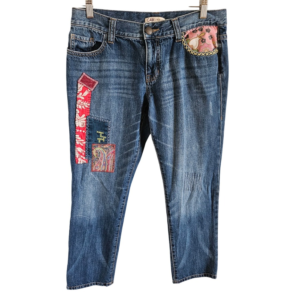 Cabi Woman Size 4 Embroidered Patchwork Jeans Trendy Festival Hippie Casual